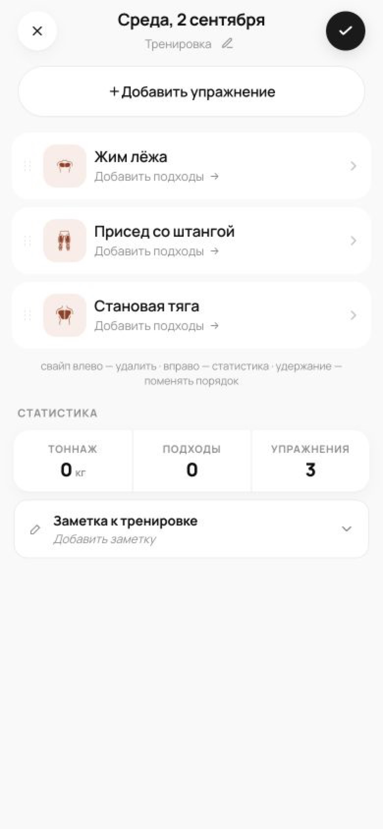 Реальный экран дневника тренировки Levo с полностью видимой заметкой
